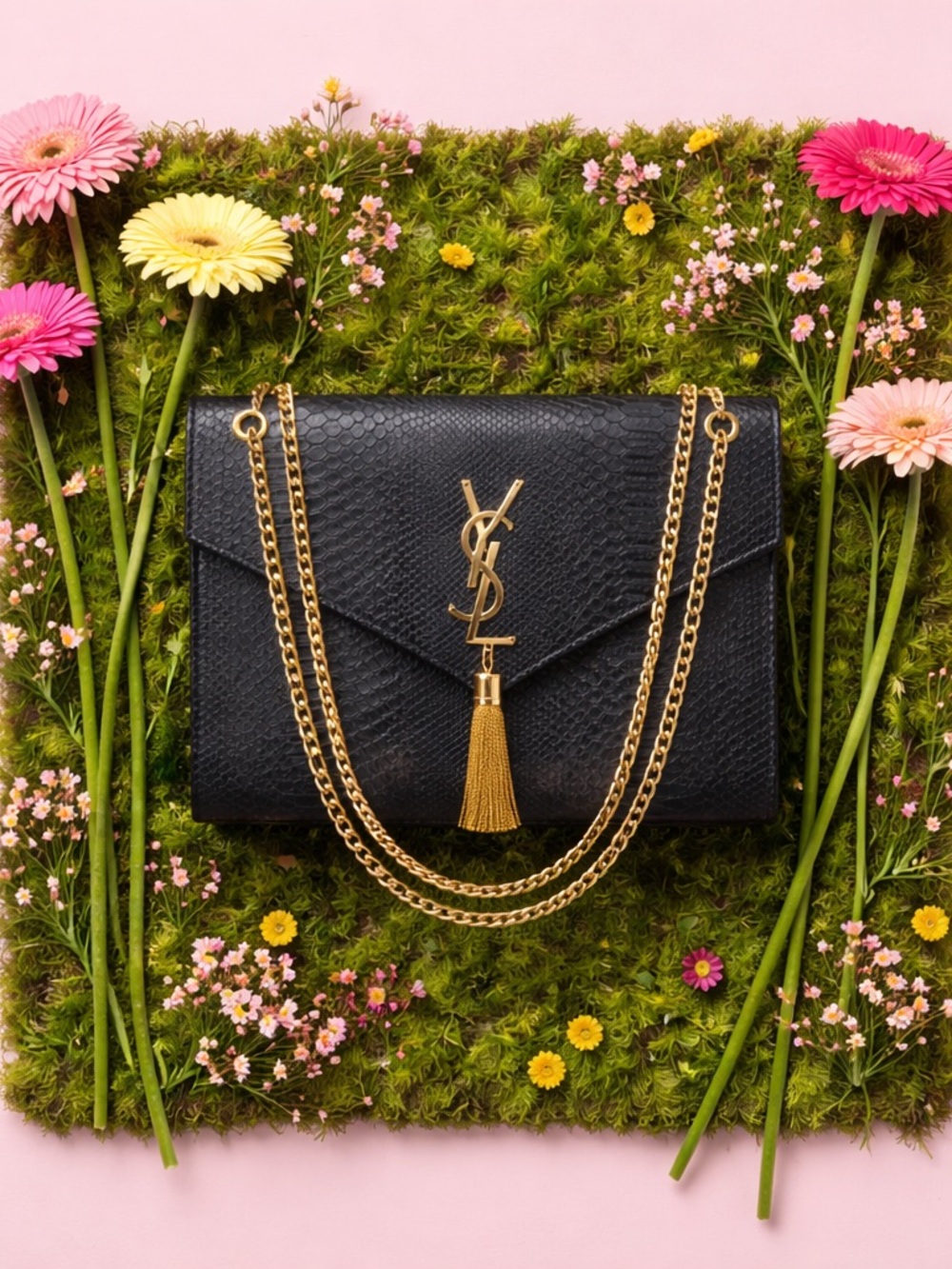 HIGH FASHION-inspired Snake Embossed Envelope Bag w/gold tassel & chain strap